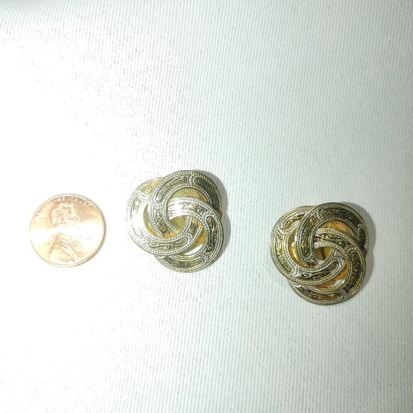 Damascene Spain Love Knot Vintage Gold Tone Ornate Clip On Earrings Etched - Picture 3 of 8